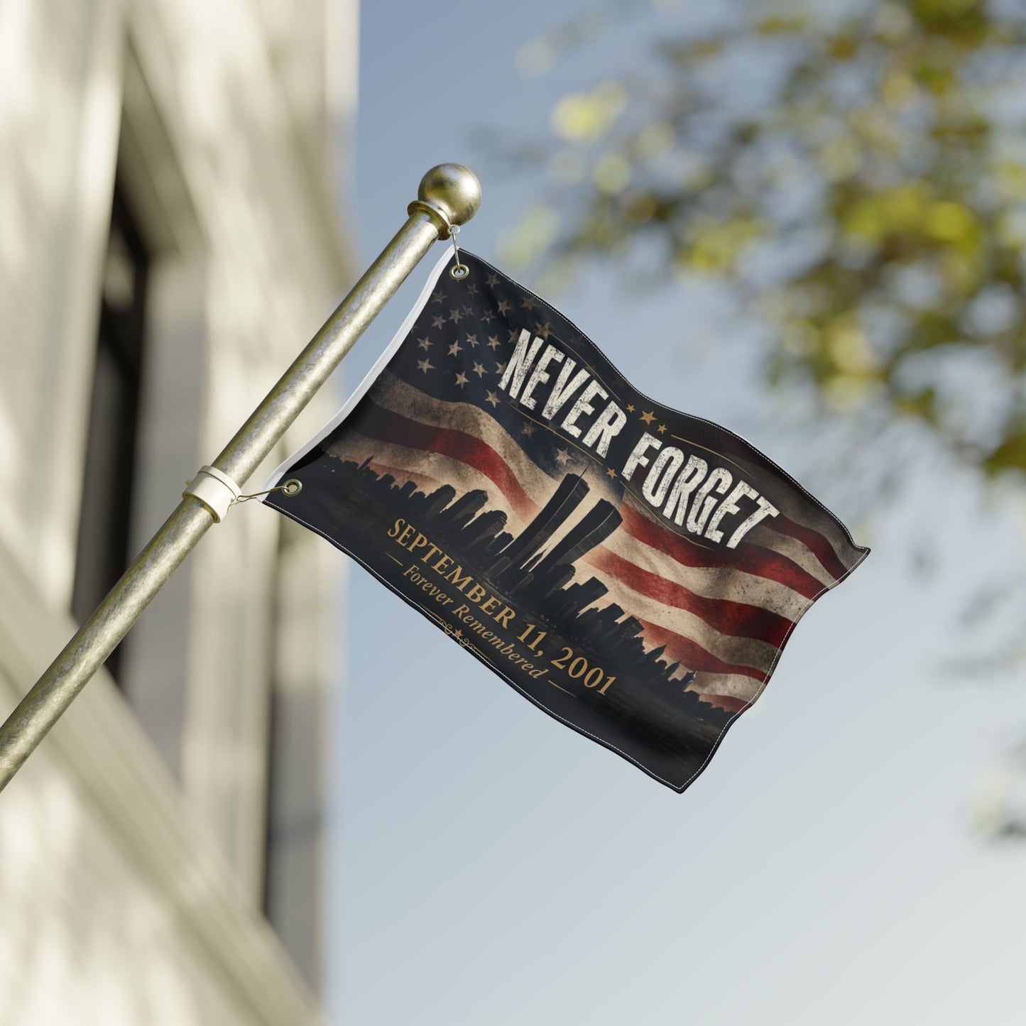 Never Forget 9/11 Memorial Flag — Double-Sided September 11, 2001 Tribute